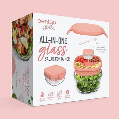 Bentgo Glass Salad Container - 7.6-Cup Salad Bowl with Airtight Lid, Leak-Proof Sauce Container, 4-Compartment Bento Tray & Reusable Fork - BPA-Free for Meal Prep, Office & More (Coral)