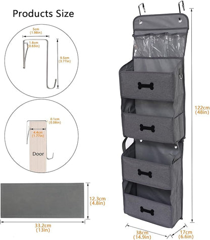 4-Shelf Dog Storage Organizer for Dog Toys,Over Door Basket for Pet Stuff with 2 Metal Hooks,4 Large Pockets for Dogs Leash,Harness,Toys,Treats-with DIY Tag-48''(Height)-Grey ﻿