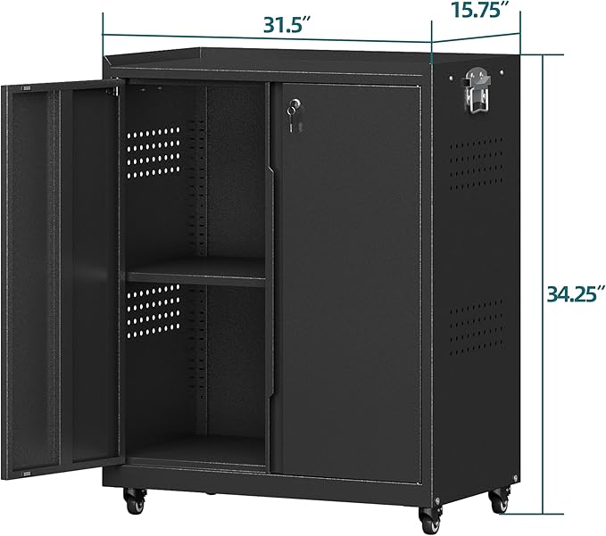 Metal Storage Cabinet with Wheels,34" Rolling Tool Cabinets with Lock&Adjustable Shelves,Locking Utility Cabinet with 1 Door for Garage, Warehouse (Black)
