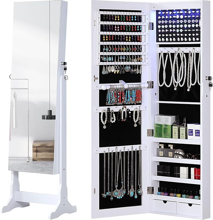 GISSAR Jewelry Organizer Full Length Mirror Jewelry Cabinet Standing/Wall/Hanging Door Jewelry Armoire Storage with Lights, Lockable, White