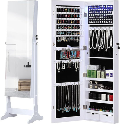 GISSAR Jewelry Organizer Full Length Mirror Jewelry Cabinet Standing/Wall/Hanging Door Jewelry Armoire Storage with Lights, Lockable, White