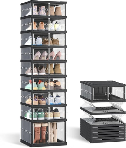 SONGMICS Foldable Shoe Storage Organizer for Closet, Stackable Sneaker Cabinet with Magnetic Door, Large Plastic Container Bins for Entryway, 9-Tier for 18 Pairs, Transparent and Ink Black ULSP918BH01