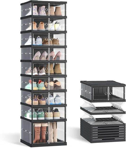 SONGMICS Foldable Shoe Storage Organizer for Closet, Stackable Sneaker Cabinet with Magnetic Door, Large Plastic Container Bins for Entryway, 9-Tier for 18 Pairs, Transparent and Ink Black ULSP918BH01