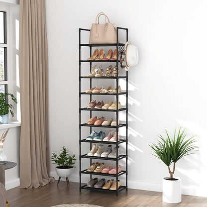 10 Tiers Tall Shoe Rack 20-25 Pairs Boots Organizer Storage Sturdy Narrow Shoe Shelf for Entryway, Closets with Hooks, Black