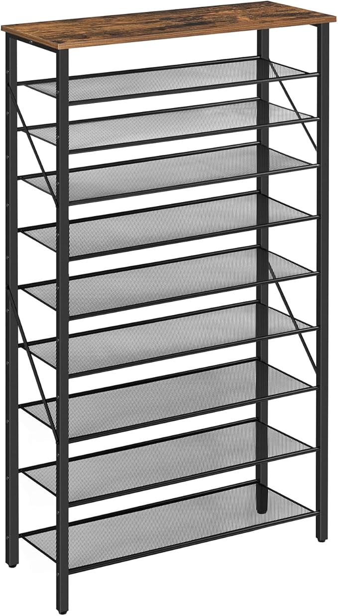 10-Tier Shoe Rack, Shoe Organizer for Entryway, Large Capacity Shoe Shelf, for 36-40 Pairs of Shoes, Stable Sturdy, Shoe Storage with 9 Metal Mesh Shelves, Rustic Brown SRHR1101Z