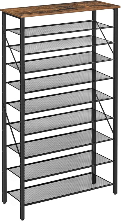 10-Tier Shoe Rack, Shoe Organizer for Entryway, Large Capacity Shoe Shelf, for 36-40 Pairs of Shoes, Stable Sturdy, Shoe Storage with 9 Metal Mesh Shelves, Rustic Brown SRHR1101Z