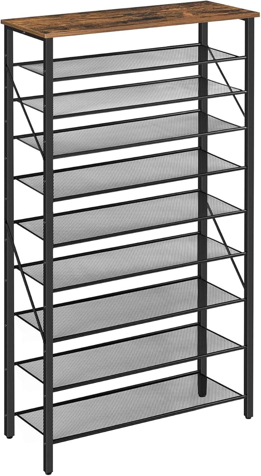 10-Tier Shoe Rack, Shoe Organizer for Entryway, Large Capacity Shoe Shelf, for 36-40 Pairs of Shoes, Stable Sturdy, Shoe Storage with 9 Metal Mesh Shelves, Rustic Brown SRHR1101Z