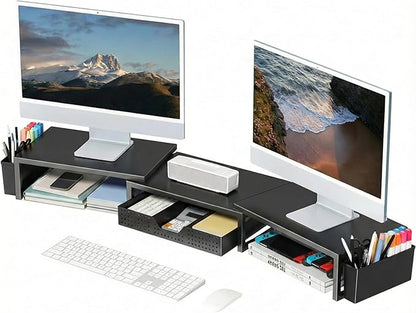 OPNICE Desk Organizers and Accessories, Dual Monitor Stand Riser with Drawer and 2 Pen Holders, Desk Shelf Metal Computer Racks for Office Workspace Organizers, Desktop Organization (Black)