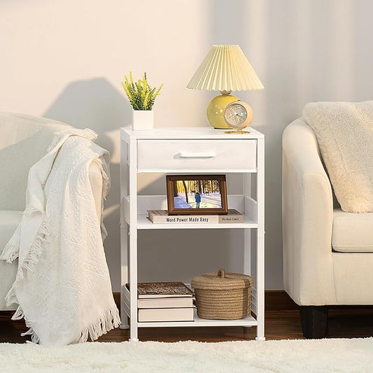 Lerliuo White Side Table Set of 2,3 Tier Industrial Printer Stand with Fabric Drawer,Modern Tall Printer Desk Holder with Storage Shelf,Bedside Tables for Home Office Fax Machine Scanner