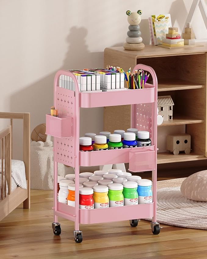 ALVOROG 3 Tier Rolling Cart with DIY Pegboards Metal Utility Cart with Wheels Handles Baskets Hooks, Craft Cart for Office Kitchen Bathroom(Cherry Blossom Pink)