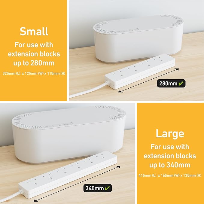 D-Line Cable Tidy Box | Hide and Conceal Extension Blocks and Electrical Cables from TVs, Computers, Gaming Consoles & PCs | Cable Management Made from a Robust Electrically-Safe ABS Material | Large, White