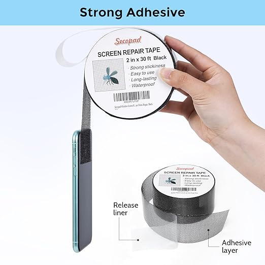 Black Window Screen Repair Tape, 2 in X 30 FT (360IN) Screen Repair Kit for Windows or Doors, Strong Adhesive Fiberglass Mesh Patch Tape (Pack of 2)