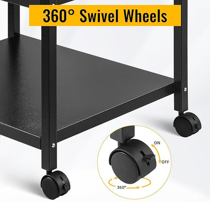 3-Tier Under Desk Printer Stand, 30-Inch Deep Large Printer Table with Height-Adjustable Shelf & 4 Lockable Wheels, Space-Saving Organizer for Home & Office