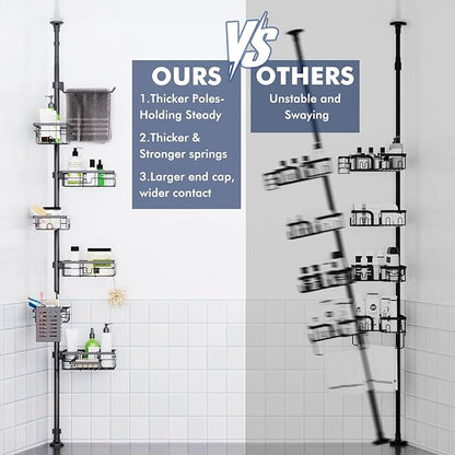 Shower Caddy Organizer Tension Pole, Rustproof 6-Pack Corner Shelf with 30-120 Inch Adjustable Shower Rack for Inside Shower, Extra Towel Bar & Soap Dish for Bathroom Organizers and Storage, Black