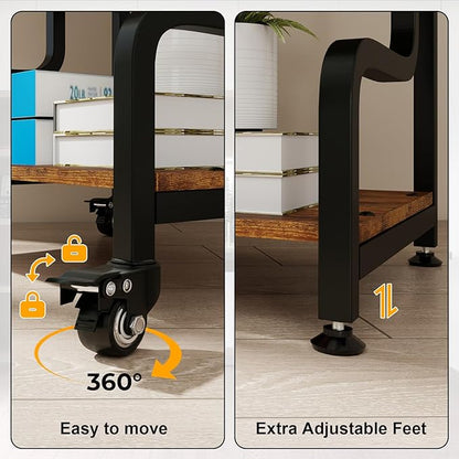 Natwind 3-Tier Printer Stand with Wheels Movable Storage Cart Floor-Standing Multi-Purpose Shelf Rack for Media Player Scanner Files Books Microwave Oven in Kitchen Living Room Home Office (Retro)