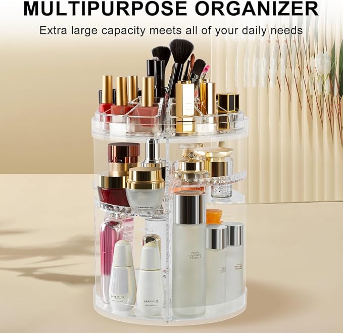Makeup Organizer, 360 Degree Rotating Adjustable Cosmetic Storage Display Case with 8 Layers Large Capacity, Fits cosmetics, Makeup Brushes, Lipsticks and More, Clear
