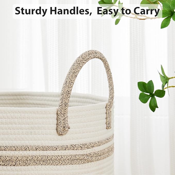 72L Large Woven Laundry Hamper by Fiona's magic, Tall Cotton Rope Storage Basket, Jute Baby Nursery Hamper for Blankets, Toys and Clothes in Bedroom and Living Room Organizing, Brown & White