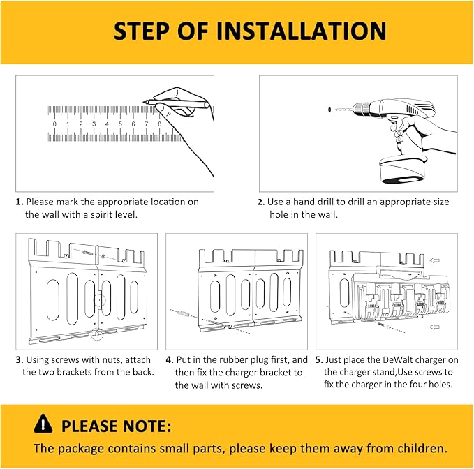 Wall Mount Bracket for DeWalt DCB104 Charger and Battery, Metal Black Rugged 4 Battery Holder and Charger Holder for Tool Room and Garage