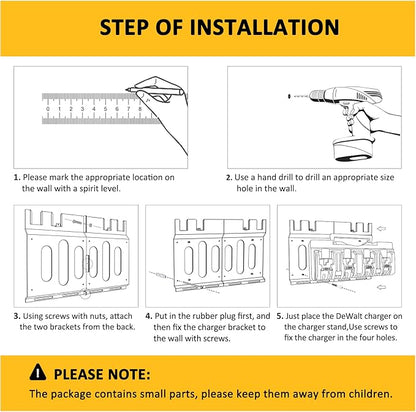 Wall Mount Bracket for DeWalt DCB104 Charger and Battery, Metal Black Rugged 4 Battery Holder and Charger Holder for Tool Room and Garage