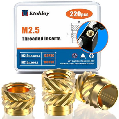 220Pcs M2.5 Threaded Inserts, M2.5 Female Thread Metric Knurled Nuts Assortment Kit, Brass Heat Set Insert for Plastic and 3D Printing Components (M2.5x2.5x3.5, M2.5x4x3.5)