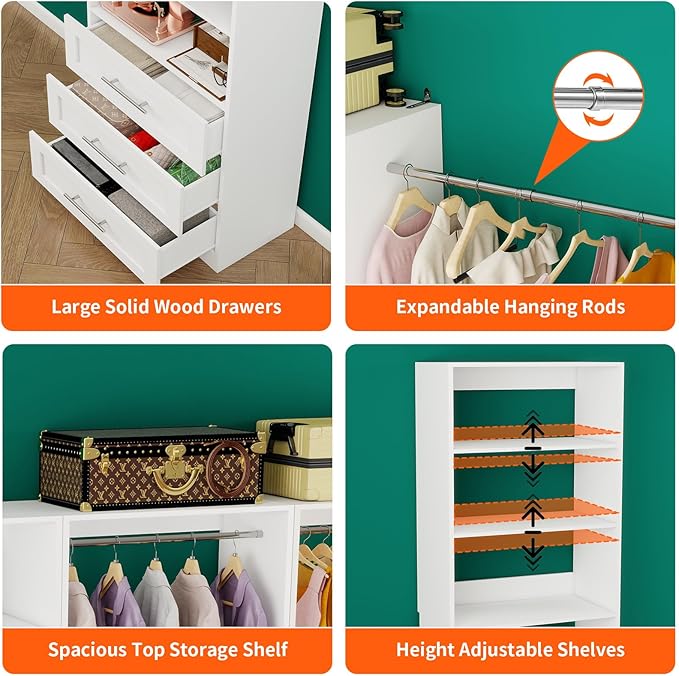 Closet System of 3 Sets, 6-15FT Closet Organizer System Wood with 3 Drawers & 7 Shelves, Walk in Closet Organizer Shelving System with 6 Hanging Rods, Modular Closet System Kits Adjustable, White