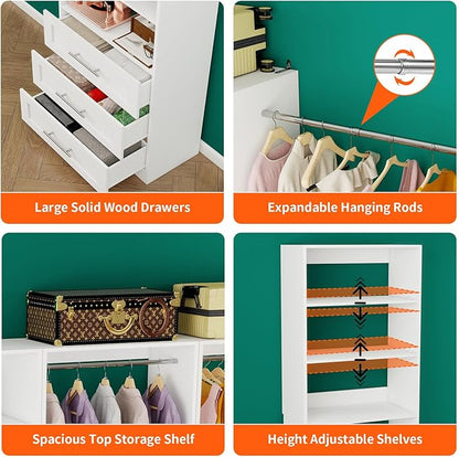 Closet System of 3 Sets, 6-15FT Closet Organizer System Wood with 3 Drawers & 7 Shelves, Walk in Closet Organizer Shelving System with 6 Hanging Rods, Modular Closet System Kits Adjustable, White