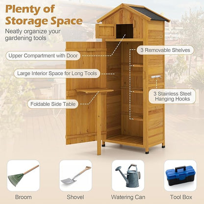 Goplus All-in-One Storage Shed, 70" Tall Wooden Lockable Cabinet w/Foldable Work Table, Vertical Utility Tool Organizer w/Shelves & Hooks, Waterproof Garden Shed for Patio Backyard (Natural)