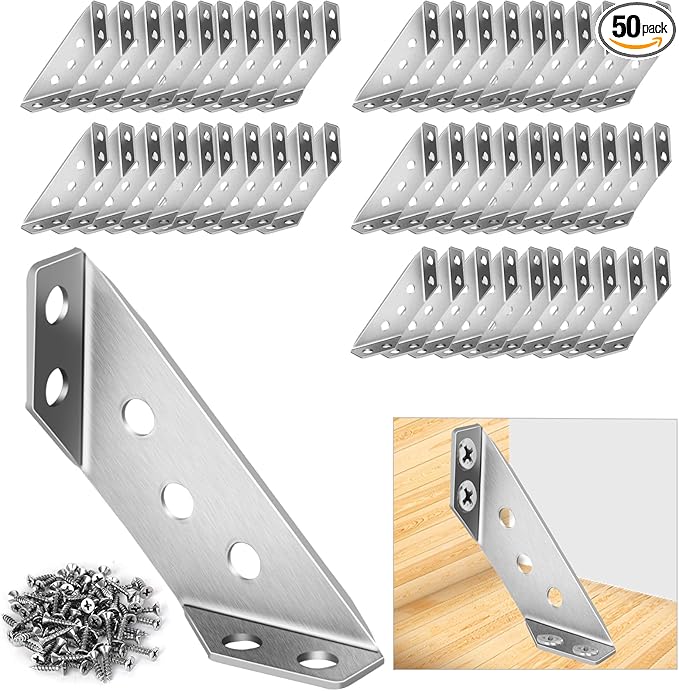 50Pcs Universal Stainless Steel Furniture Corner Connector, Angle Corner Bracket with Screws, Corner Braces, Corner Connectors for Shelves Wood Furniture Cabinets (50 Pcs)