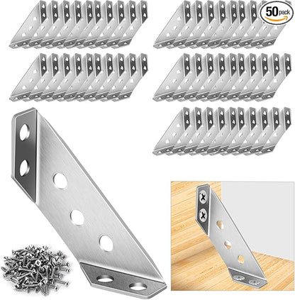 50Pcs Universal Stainless Steel Furniture Corner Connector, Angle Corner Bracket with Screws, Corner Braces, Corner Connectors for Shelves Wood Furniture Cabinets (50 Pcs)