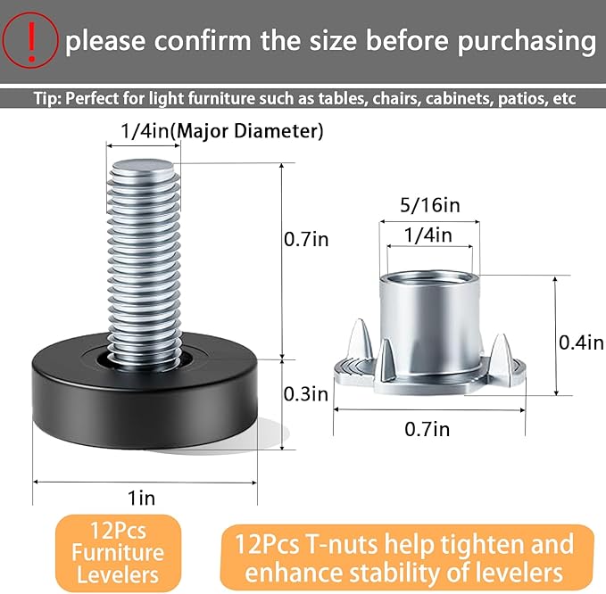 1/4" Thread Leveling Feet, 12 PCS Adjustable Furniture Levelers with T-Nuts, Threaded Screw-in Table Feet for Individual Adjustment