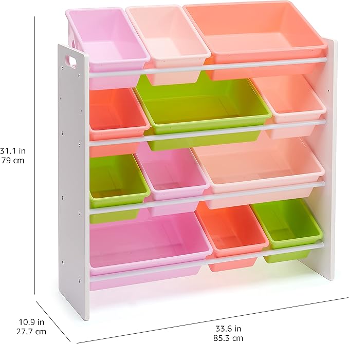 Amazon Basics Kids Toy Storage Organizer with 12 Plastic Bins, White Wood with Pink Bins, for Bedroom and Playroom, 10.9" D x 33.6" W x 31.1" H