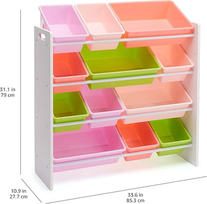 Amazon Basics Kids Toy Storage Organizer with 12 Plastic Bins, White Wood with Pink Bins, for Bedroom and Playroom, 10.9" D x 33.6" W x 31.1" H