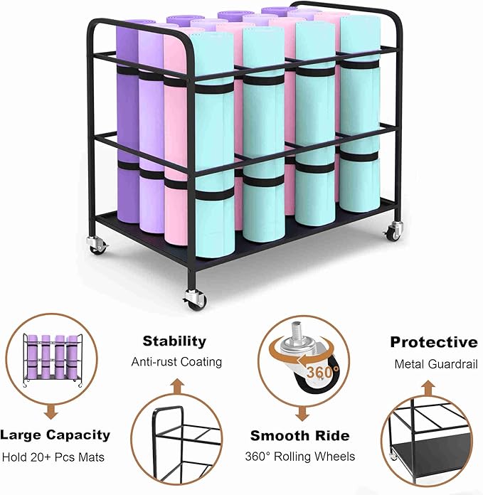 Yoga Mat Holder Organizer Yoga Mat Storage Rack Basket for Home Gym Exercise Workout Equipment Storage Shelf Cart