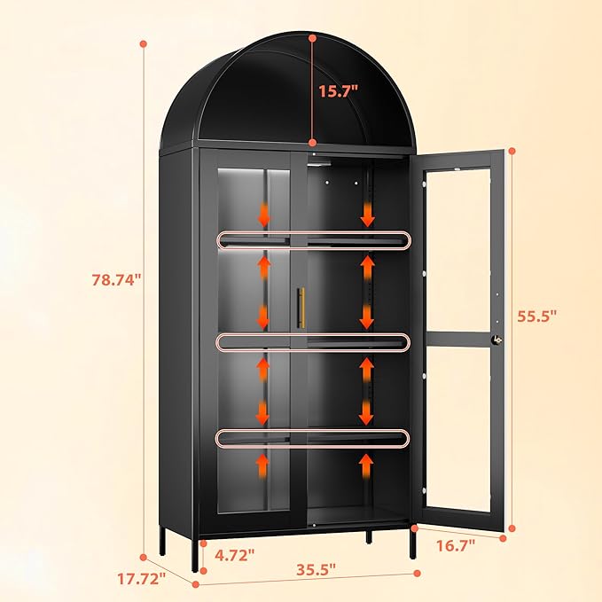 78.74'' H Metal Arched Cabinet with Glass Door,Arched Display Cabinet with 3 LED Strip,Lockable Door and 3 Adjustable Shelves for Home Office,Assembly Required, Black