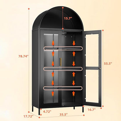 78.74'' H Metal Arched Cabinet with Glass Door,Arched Display Cabinet with 3 LED Strip,Lockable Door and 3 Adjustable Shelves for Home Office,Assembly Required, Black