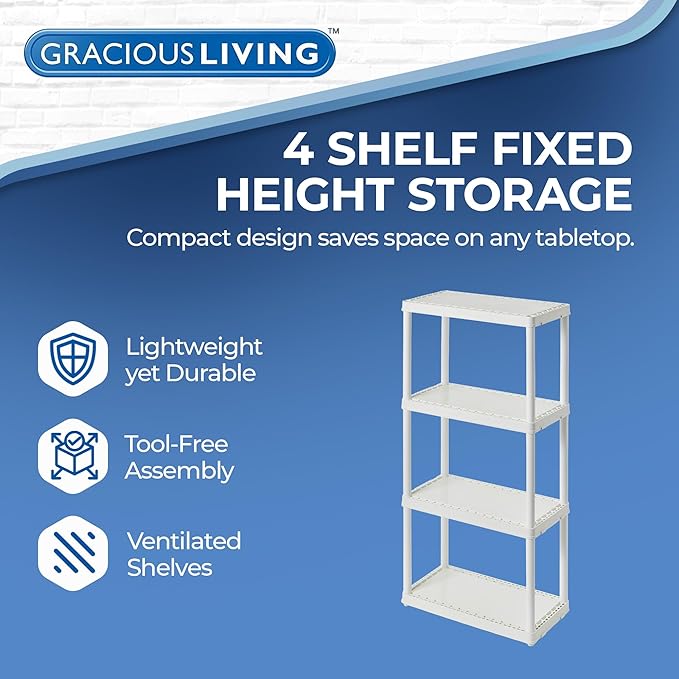 Gracious Living 4 Shelf Fixed Height Solid Light Duty Storage Unit 12 x 24 x 48" Organizer System for Home, Garage, Basement, & Laundry, White