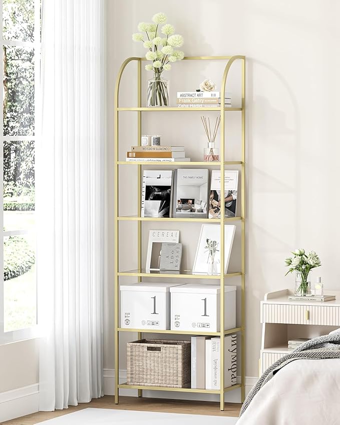 Bookcase Bookshelf, Tempered Glass Arched Bookshelf for More Storage, Slim Shelving Unit for Bedroom, Bathroom, Home Office, Steel Frame, Wide 6 Tier Gold BC22699G