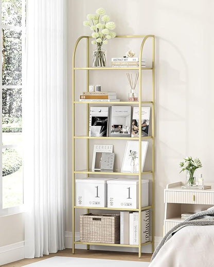 Bookcase Bookshelf, Tempered Glass Arched Bookshelf for More Storage, Slim Shelving Unit for Bedroom, Bathroom, Home Office, Steel Frame, Wide 6 Tier Gold BC22699G