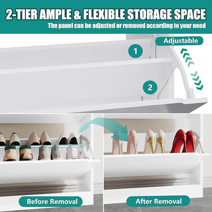 Shoe Storage Cabinet for Entryway with 2 Flip Drawers, Wood Freestanding Hidden Shoe Storage, Narrow Slim Sturdy Shoe Organizer for Front Door Entrance, Living Room, Hallway, Bedroom, White