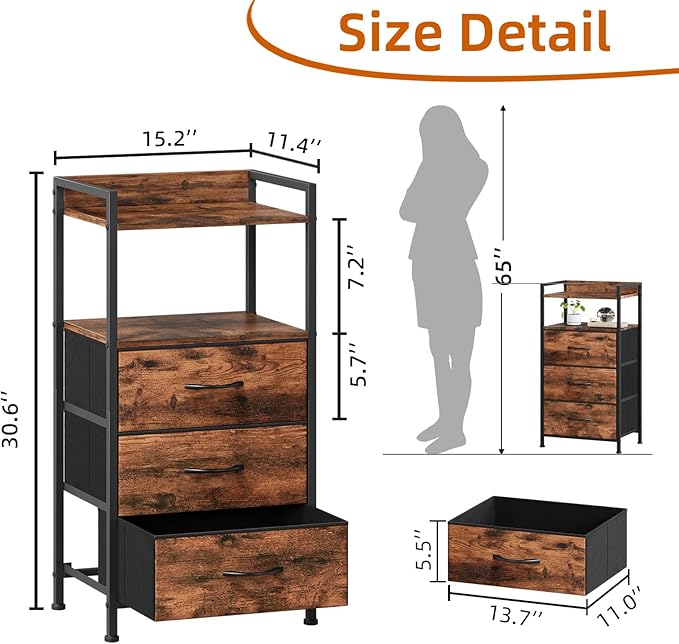 Somdot Nightstand with 3 Drawers, Dresser with Fabric Bins for Bedroom, Hallway, Entryway, Nightstand Bedside Table Furniture, Sturdy Steel Frame, Wooden Top, Easy Pull Fabric Bins, Wood Grain Print