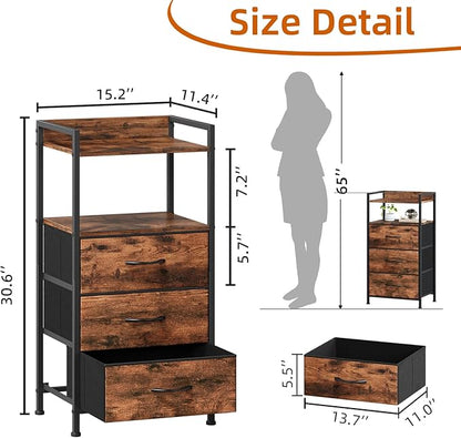 Somdot Nightstand with 3 Drawers, Dresser with Fabric Bins for Bedroom, Hallway, Entryway, Nightstand Bedside Table Furniture, Sturdy Steel Frame, Wooden Top, Easy Pull Fabric Bins, Wood Grain Print