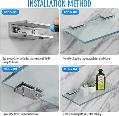 Ranbo 2 Pcs Frameless Glass Clamp Brackets for Shelf and Shower, Heavy Duty Wall Mount Rectangular Holders for 1/4" to 1/2" Panels, Polished Silver Finish Hardware