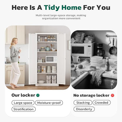 Greenvelly Metal Cabinet, 63" H White Metal Storage Cabinet with Doors and 4 Shelves, Pantry Storage Cabinet for Kitchen, Bedroom, Living Room, Office (Modern)