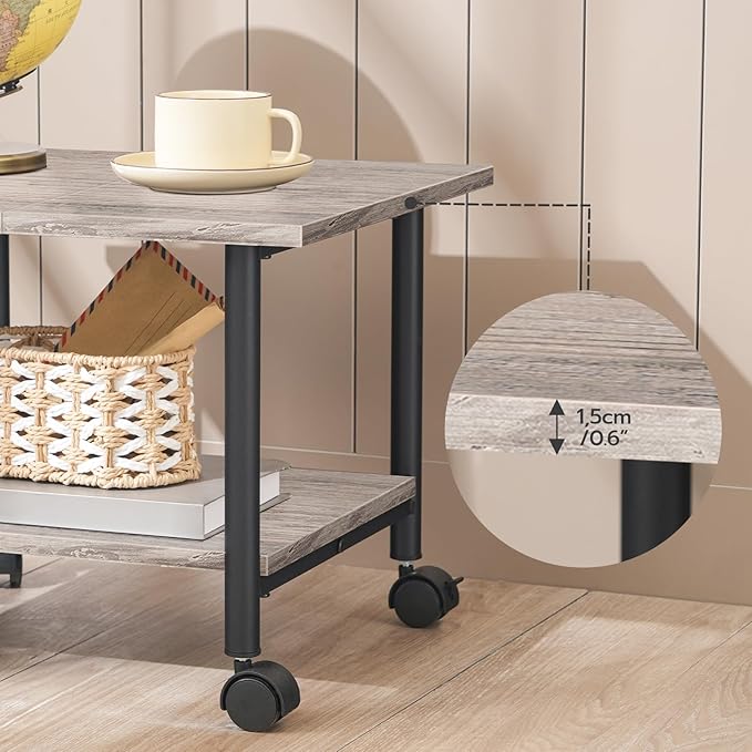 HOOBRO Printer Stand, 2-Tier Industrial Under Desk Printer Cart with Shelf, Mobile Heavy Duty Storage Rack on Wheels for Home, Office, Grey and Black BG02PS01G1