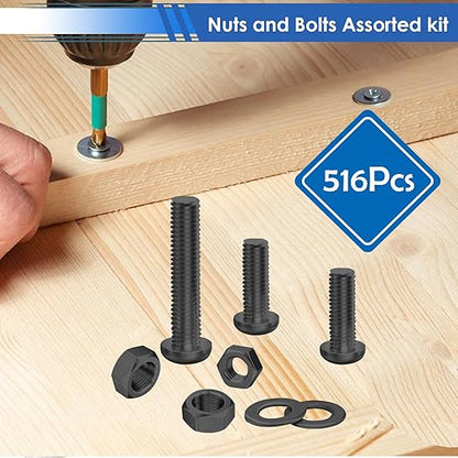 smseace 516Pcs Black Nuts and Bolts Assortment Kit 21-Sizes M3/M4/M5/M6 Nut Bolt Washer Assortment Kit for Machinery, Furniture, Automotive, Motorcycle Repairs