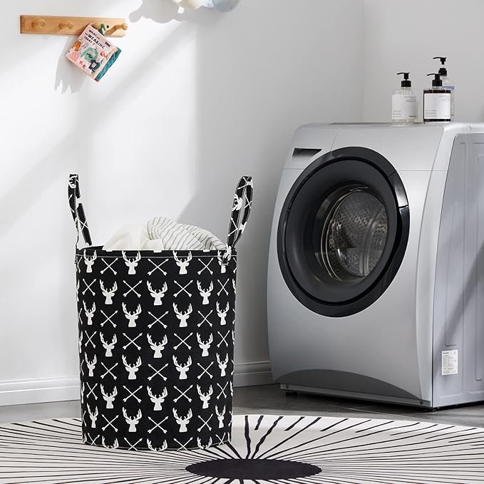 TECHMILLY Large Storage Basket for Girls and Boys, Collapsible Laundry Hamper with Long Handles, Toy Bins for Nursery, Kids Room Décor (Black Deer, 2 Pack)