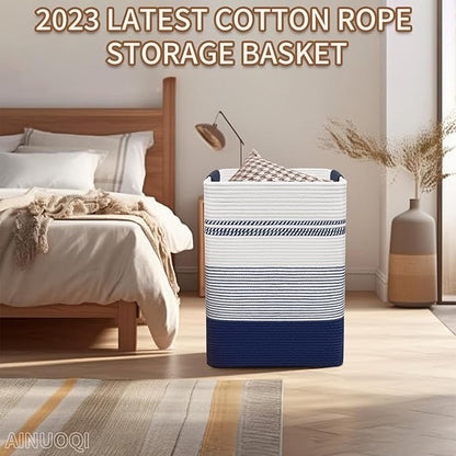 Large Laundry Basket - Tall Woven Rope Laundry Hamper with Leather Handles - Dirty Clothes hamper for Living room, Bedroom, 17" X 13.8" X 22", Dark Blue & White
