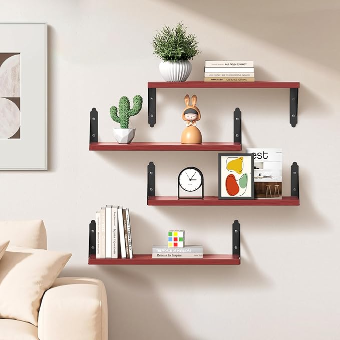 Wood Floating Shelves Set of 4, Rustic Storage Decor Wall Shelves, Wall Mounted Shelf for Living Room, Bedroom 17" x 6", Red