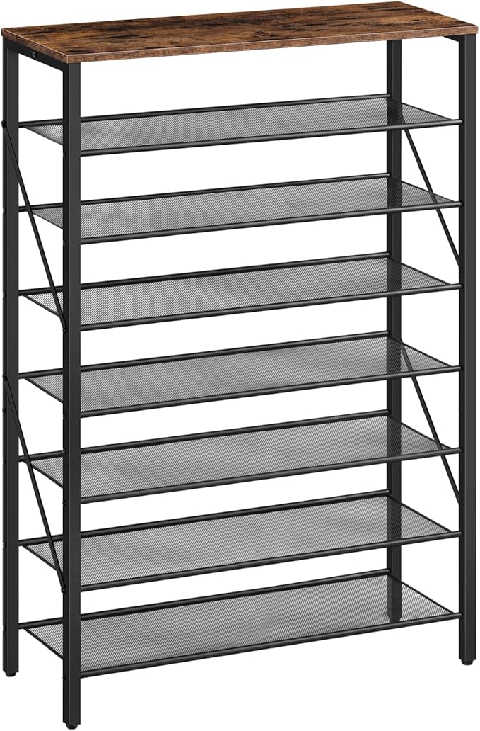 8-Tier Shoe Rack, Large Capacity Shoe Shelf, Shoe Organizer for Entryway, 28-32 Pairs of Shoes, Stable Sturdy, Tall Shoe Rack with Adjustable Metal Mesh Shelves, Rustic Brown SRHR1801Z