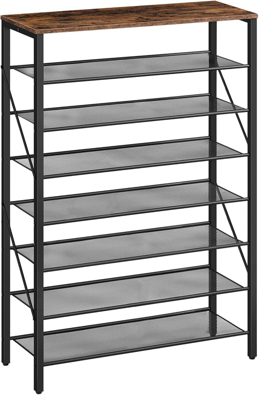 8-Tier Shoe Rack, Large Capacity Shoe Shelf, Shoe Organizer for Entryway, 28-32 Pairs of Shoes, Stable Sturdy, Tall Shoe Rack with Adjustable Metal Mesh Shelves, Rustic Brown SRHR1801Z